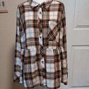 Plaid Button-Up Shirt with Peplum Hem